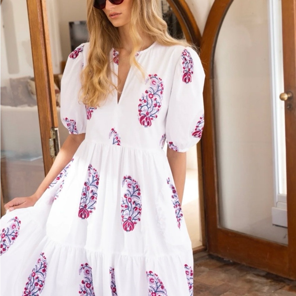 Oliphant Verna Red White Maxi Dress with Pink Floral Accents - Picture 5 of 6
